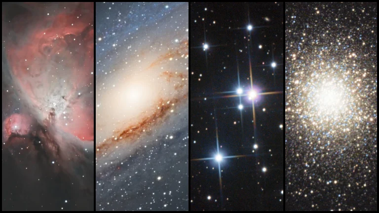 Astrophoto collage DSO, from left to right, M42 The Orion Nebula - M31 The Andromeda Galaxy - M44 The Beehive Cluster - M13 The Hercules Globular Cluster by Beatrice Heinze