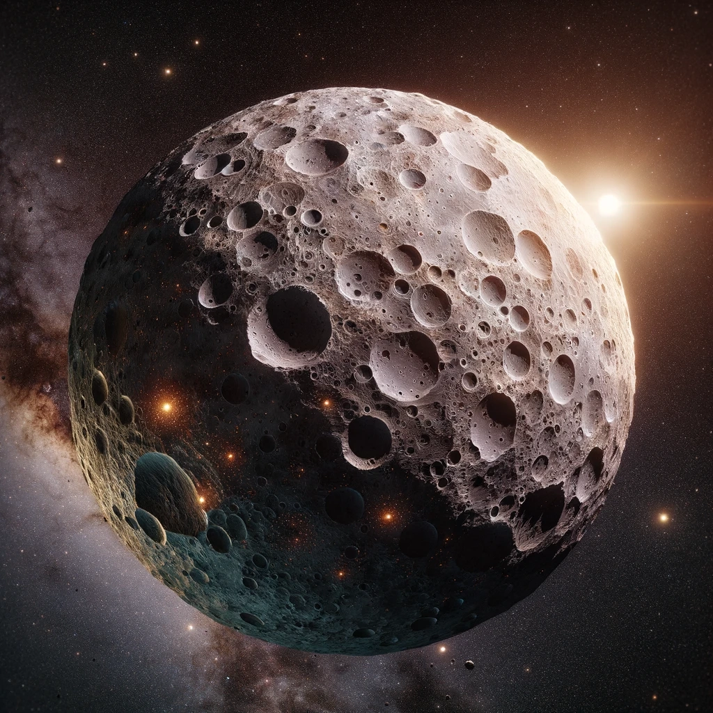 A highly detailed and realistic depiction of the asteroid 319 Leona in space. The asteroid is illuminated by a distant sun, casting a mix of light and shade. (Not necessarily an accurate representation of asteroid 319 Leona!)_AI generated image by Beatrice Heinze