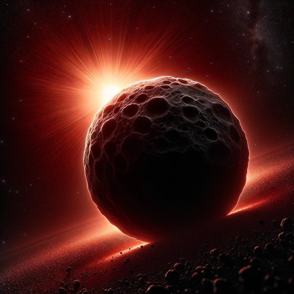 A dramatic and detailed depiction of the occultation of the star Betelgeuse by asteroid 319 Leona. (Not necessarily an accurate representation of Betelgeuse and asteroid 319 Leona!)_AI generated image by Beatrice Heinze