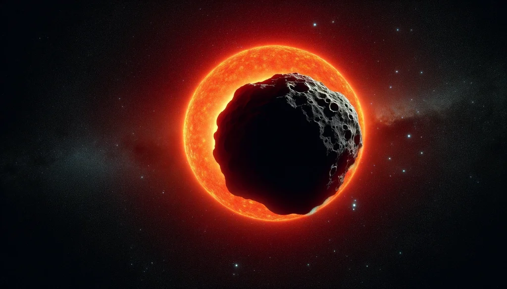 A striking and detailed depiction of the occultation of the star Betelgeuse by asteroid 319 Leona. (Not necessarily an accurate representation of Betelgeuse and asteroid 319 Leona!)_AI generated image by Beatrice Heinze