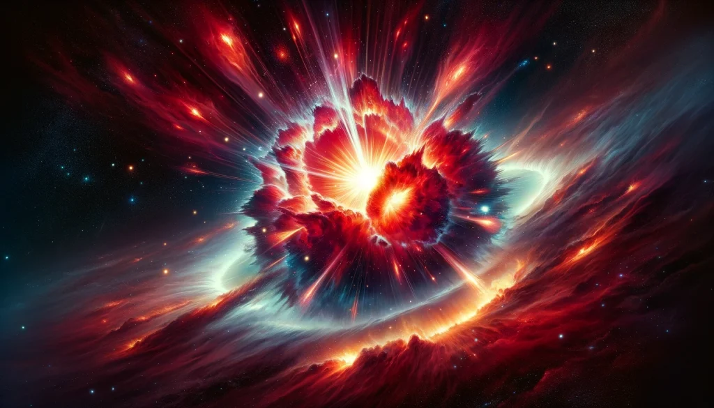 An awe-inspiring and detailed depiction of the star Betelgeuse going supernova. (Not necessarily an accurate representation of Betelgeuse!)_AI generated image by Beatrice Heinze