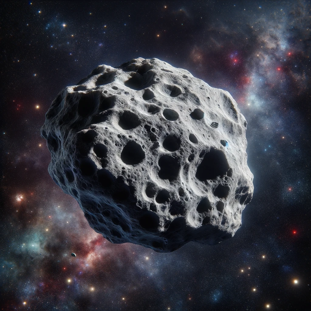 A realistic depiction of an asteroid in space. The asteroid is rugged and irregularly shaped, with a rough, pockmarked surface featuring craters and rilles._AI generated image by Beatrice Heinze