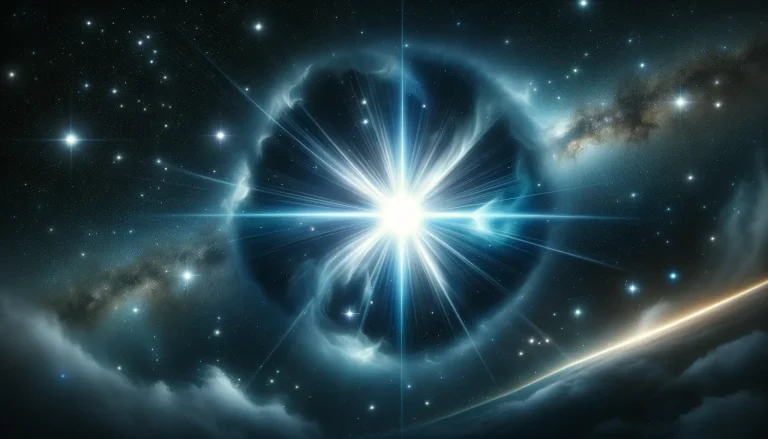 A breathtaking space scene featuring the star Vega, as viewed from space. The image should emphasize the brilliant, intense light of Vega. AI-generated image of the star Vega by Beatrice Heinze