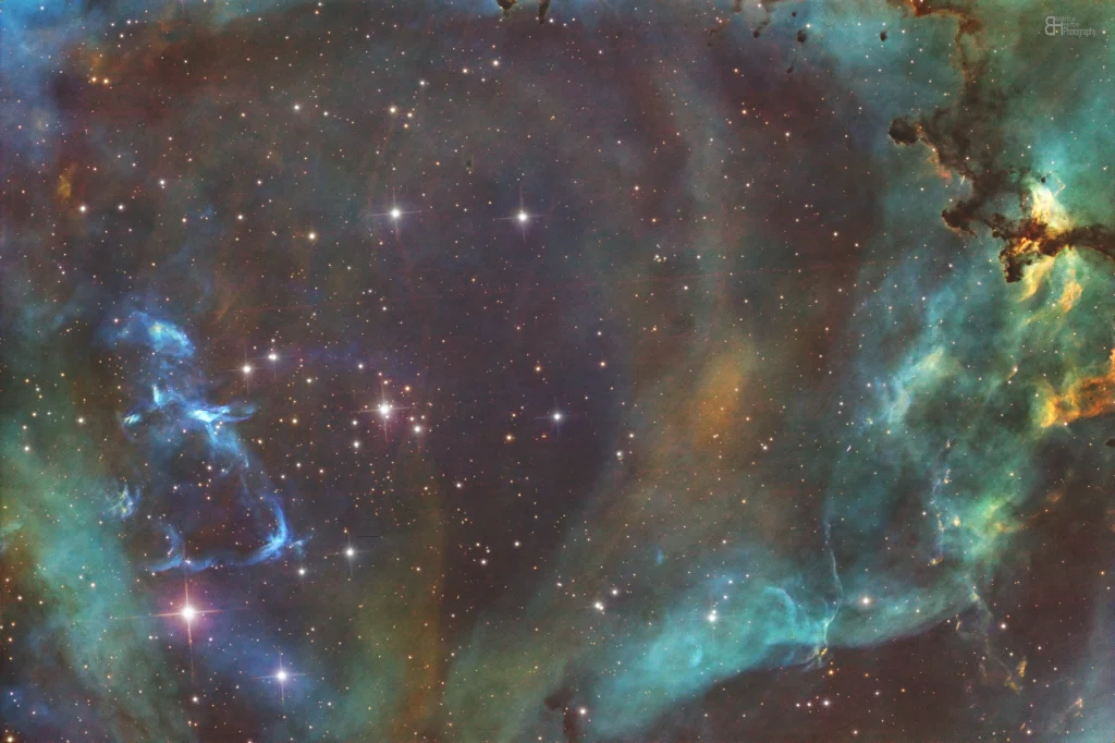 The heart of the Rosette Nebula in SHO by Beatrice Heinze (processing)/ Telescope Live (data)